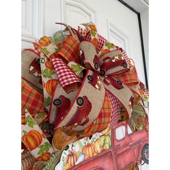 Red Pumpkin Truck Wreath, Rustic Farmhouse Mesh Ribbon Fall Autumn Wreath - Picture 6 of 7